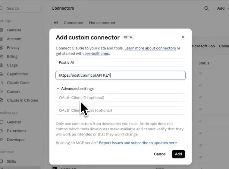 Adding the Postiv MCP URL as a custom connector in Claude
