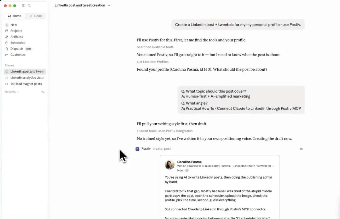 Claude drafting a LinkedIn post through the Postiv connector, after reading the profile and writing style