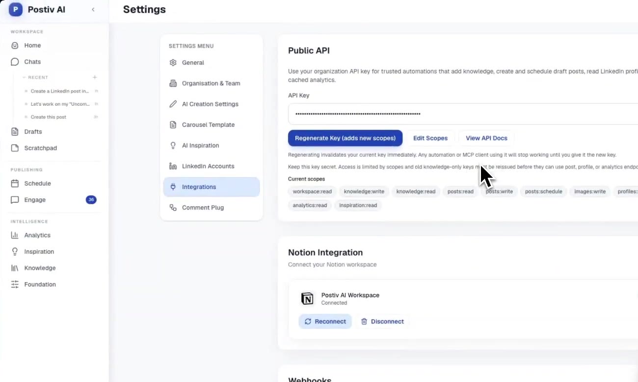 Postiv Settings and Integrations page showing a masked organization API key