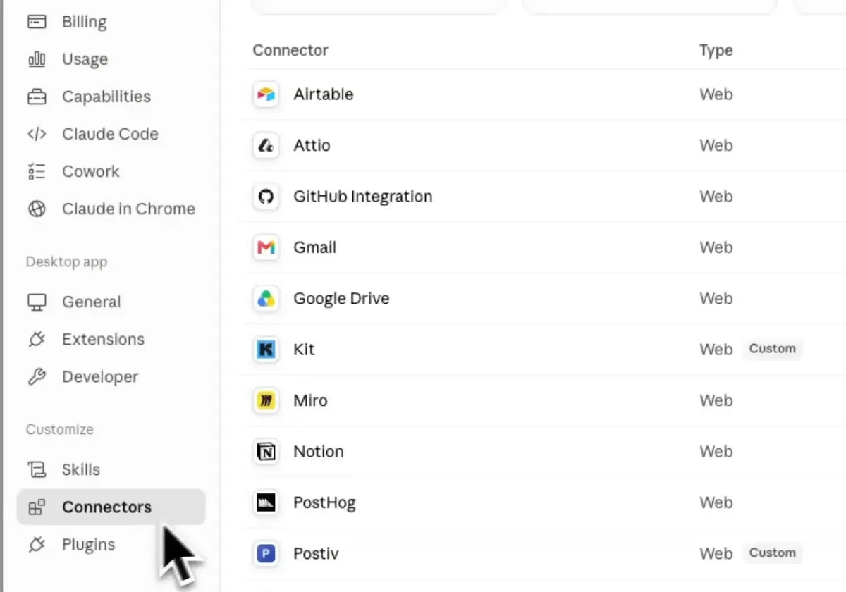 Claude's Connectors settings listing Gmail, Google Drive, Notion and Postiv as a custom connector