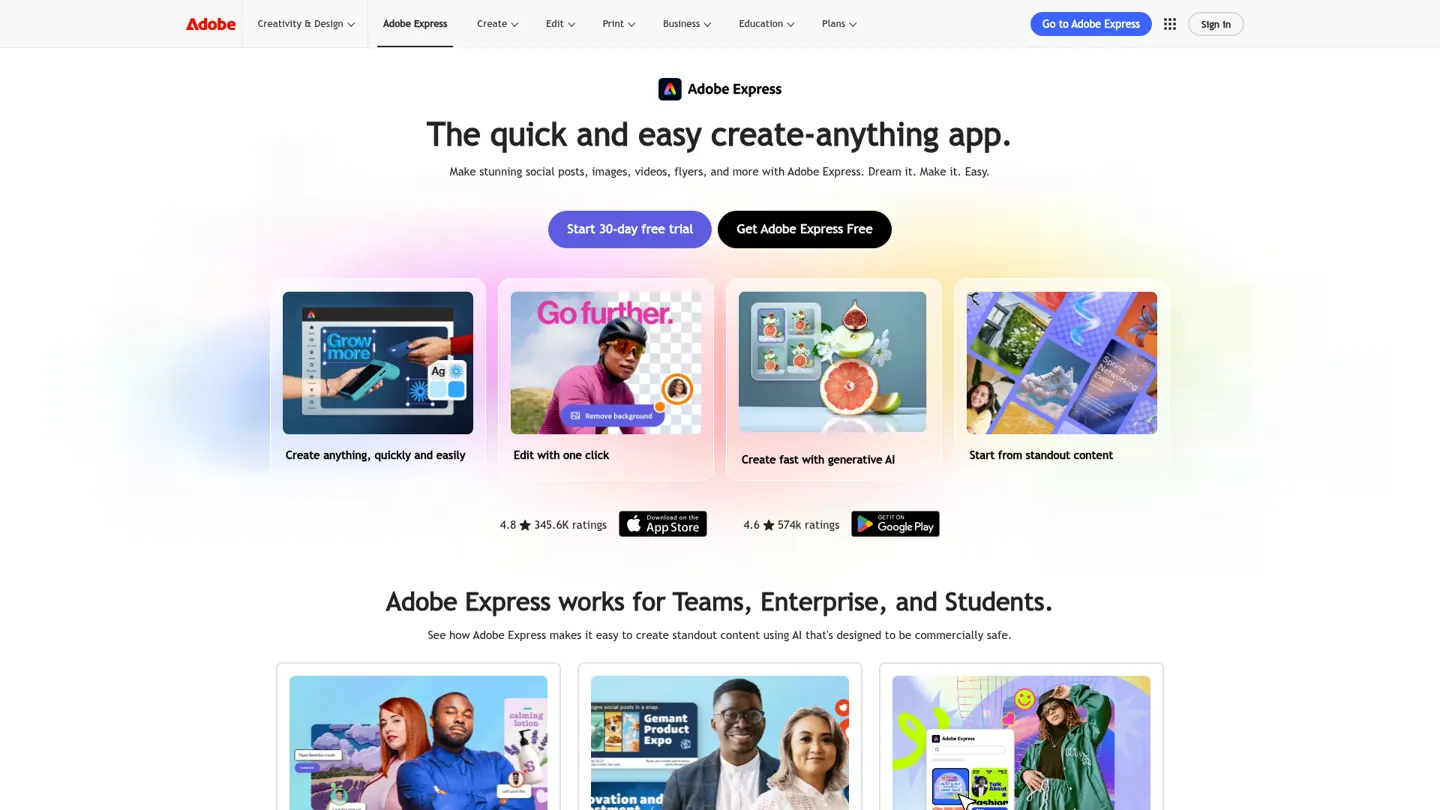 Adobe Express's website hero, the homepage of its create-anything design app