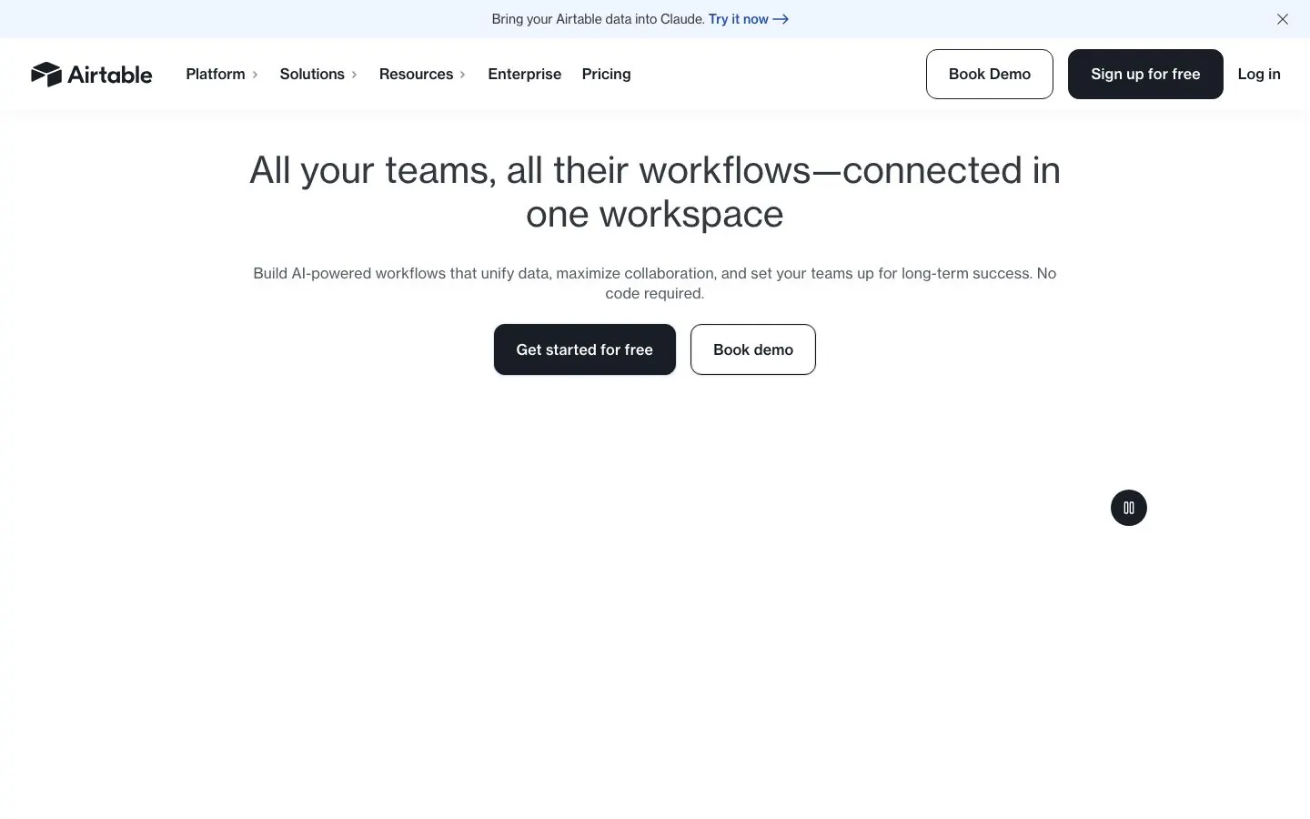 Airtable's website homepage hero for its app and database platform