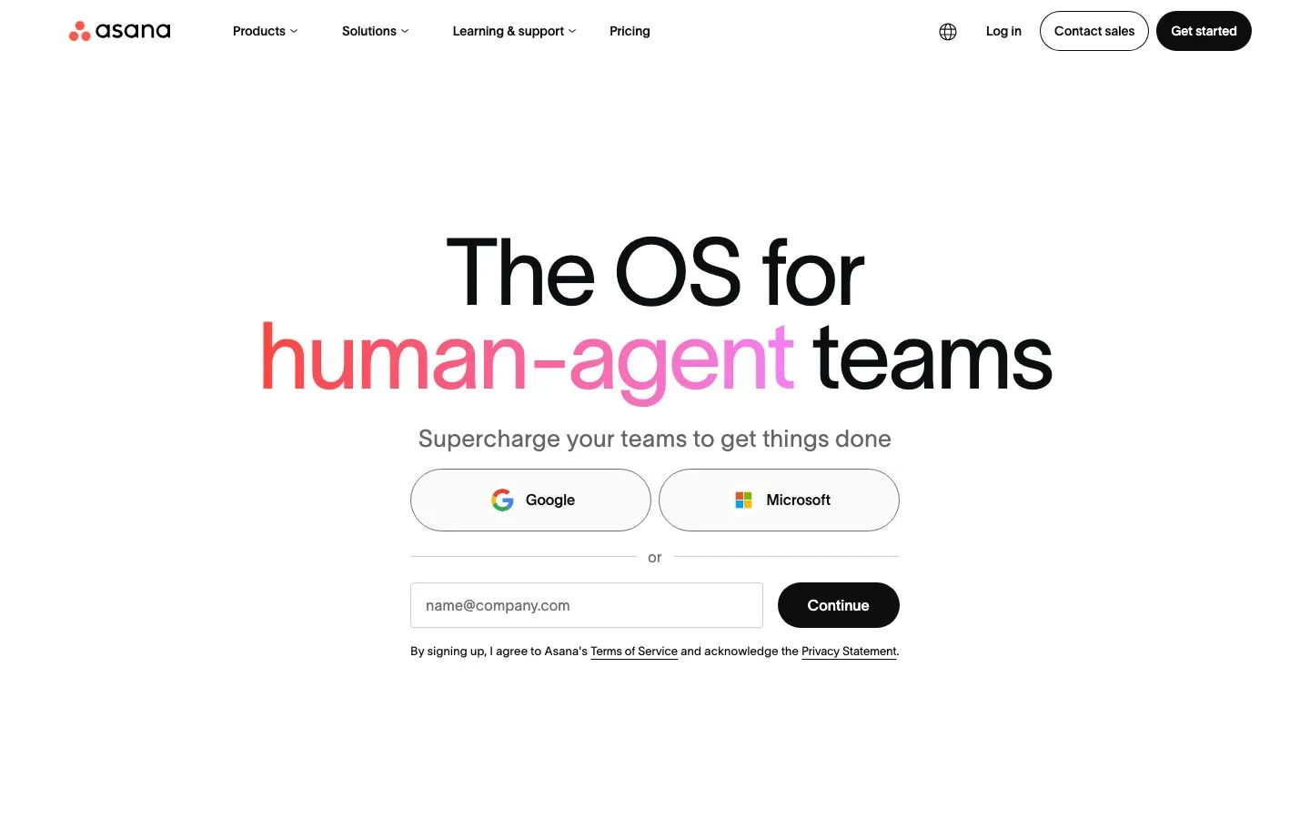 Asana's website homepage hero for its work management platform