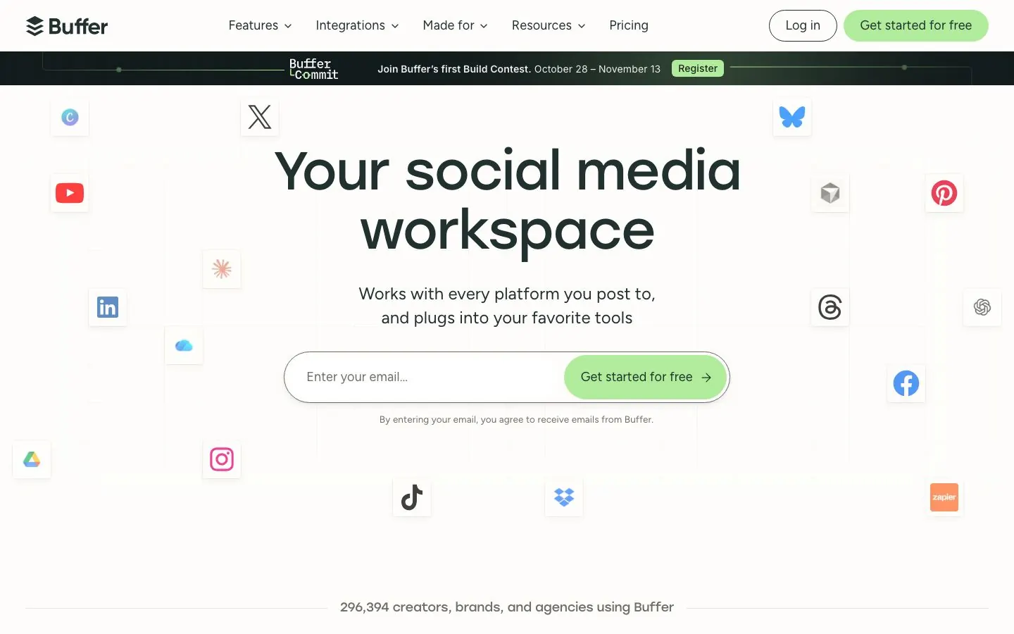 Buffer's website homepage hero, with its headline and call to action