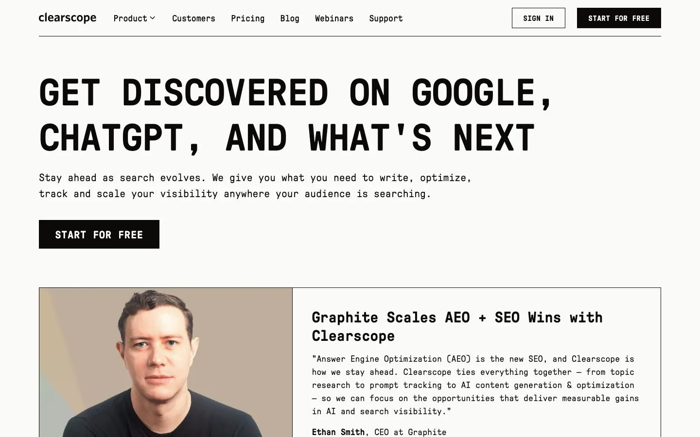 Clearscope's website hero for its SEO content optimization tool