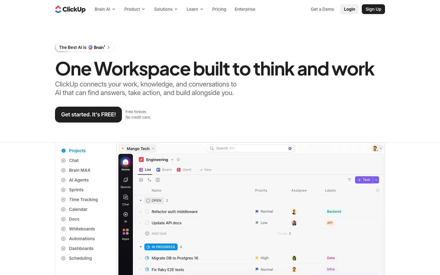 ClickUp's website homepage hero for its work management platform