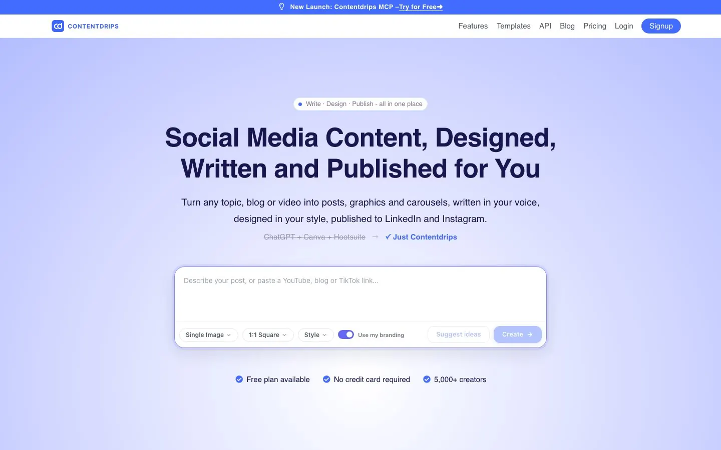 Contentdrips' website hero, the homepage of its AI carousel and graphic designer