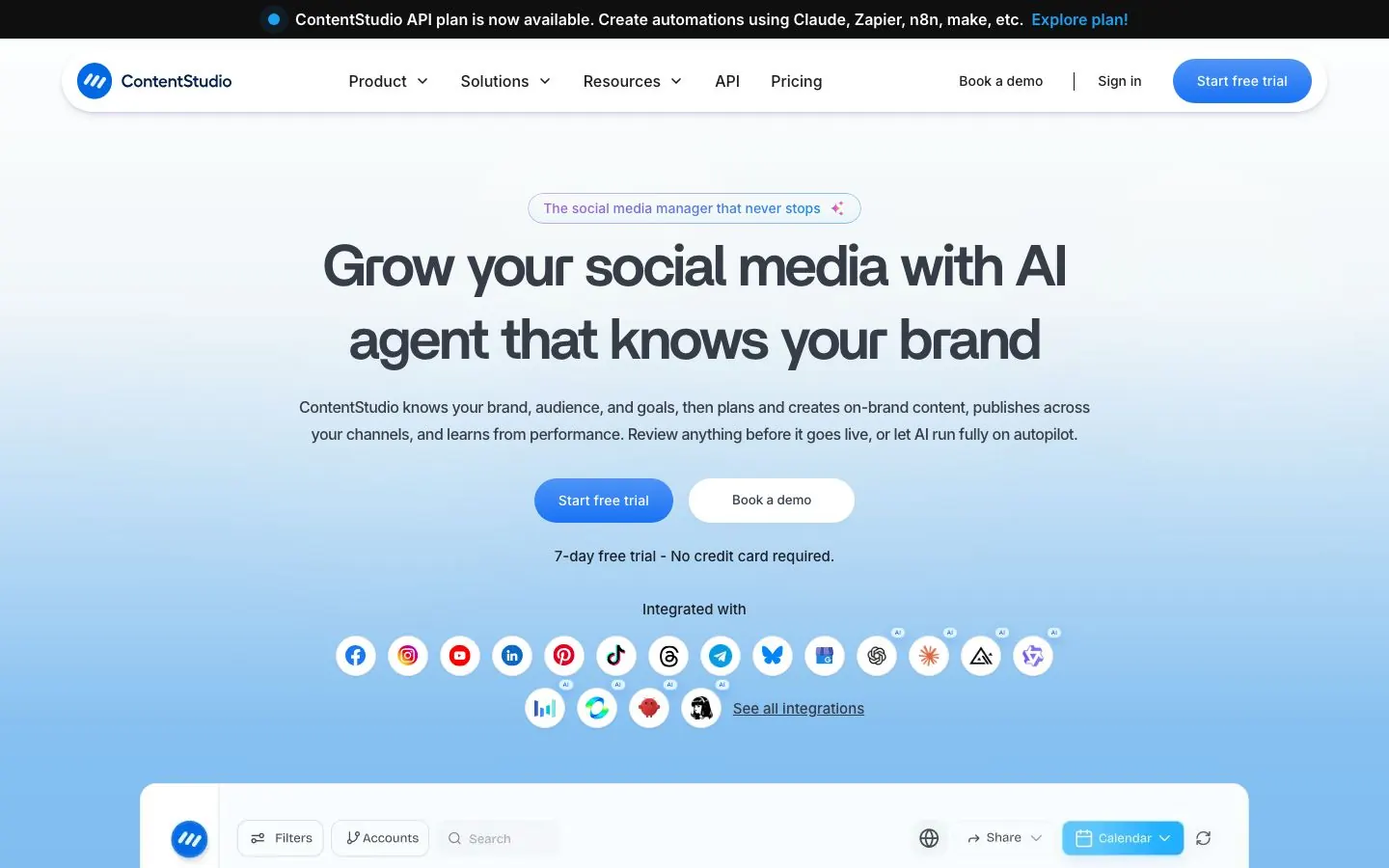 ContentStudio's website homepage hero, with a headline about an AI agent that knows your brand