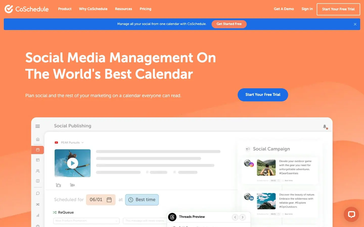 CoSchedule's website homepage hero for its calendar-based social media software