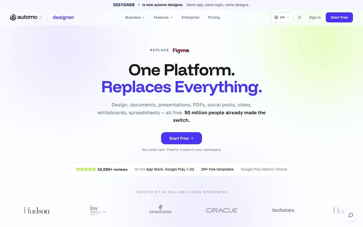Desygner's website hero, the homepage of the app now called automo designer