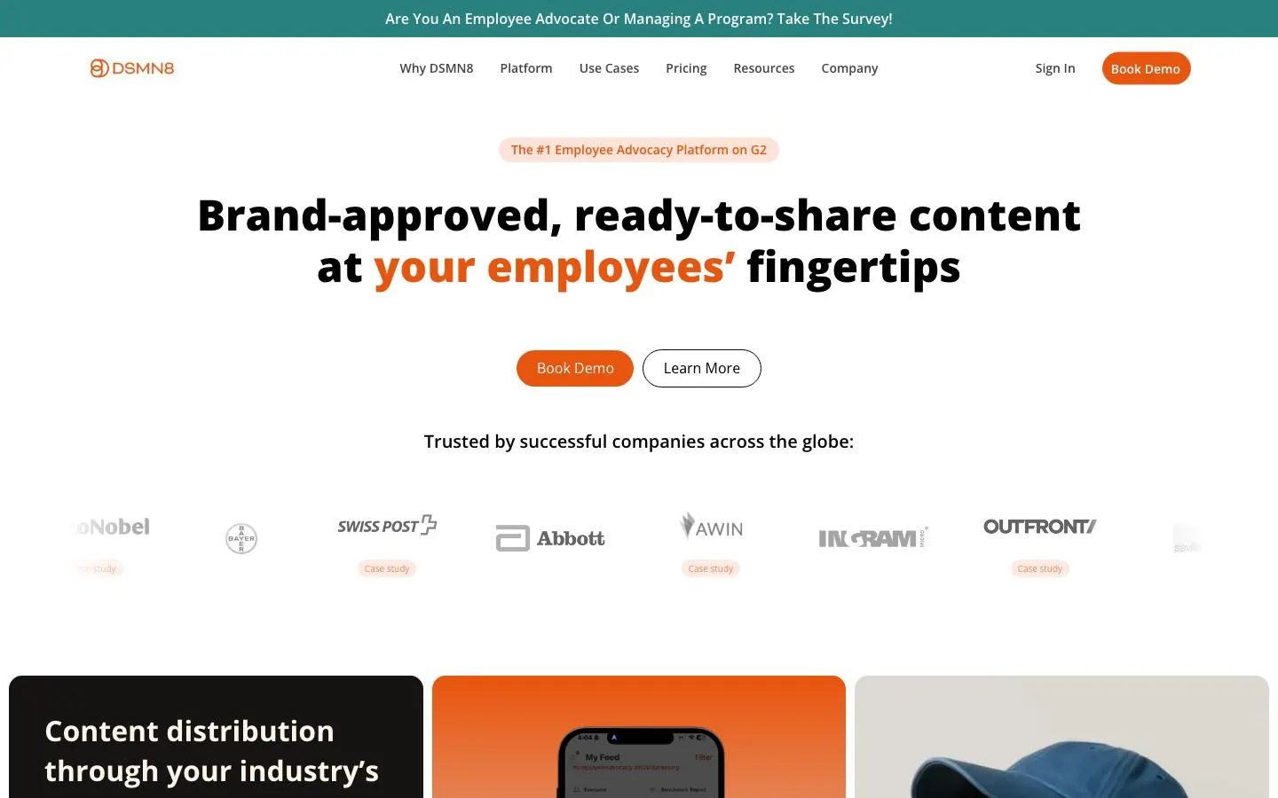 DSMN8's website homepage hero, introducing its employee advocacy software for marketing, HR and sales teams
