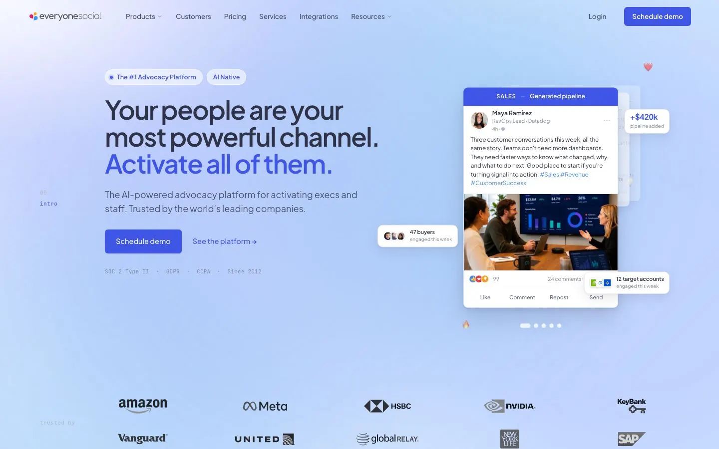 EveryoneSocial's website homepage hero, pitching AI-powered advocacy for executives and staff
