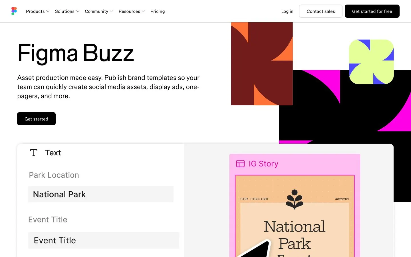 Figma Buzz's website hero, the product page for on-brand social media assets