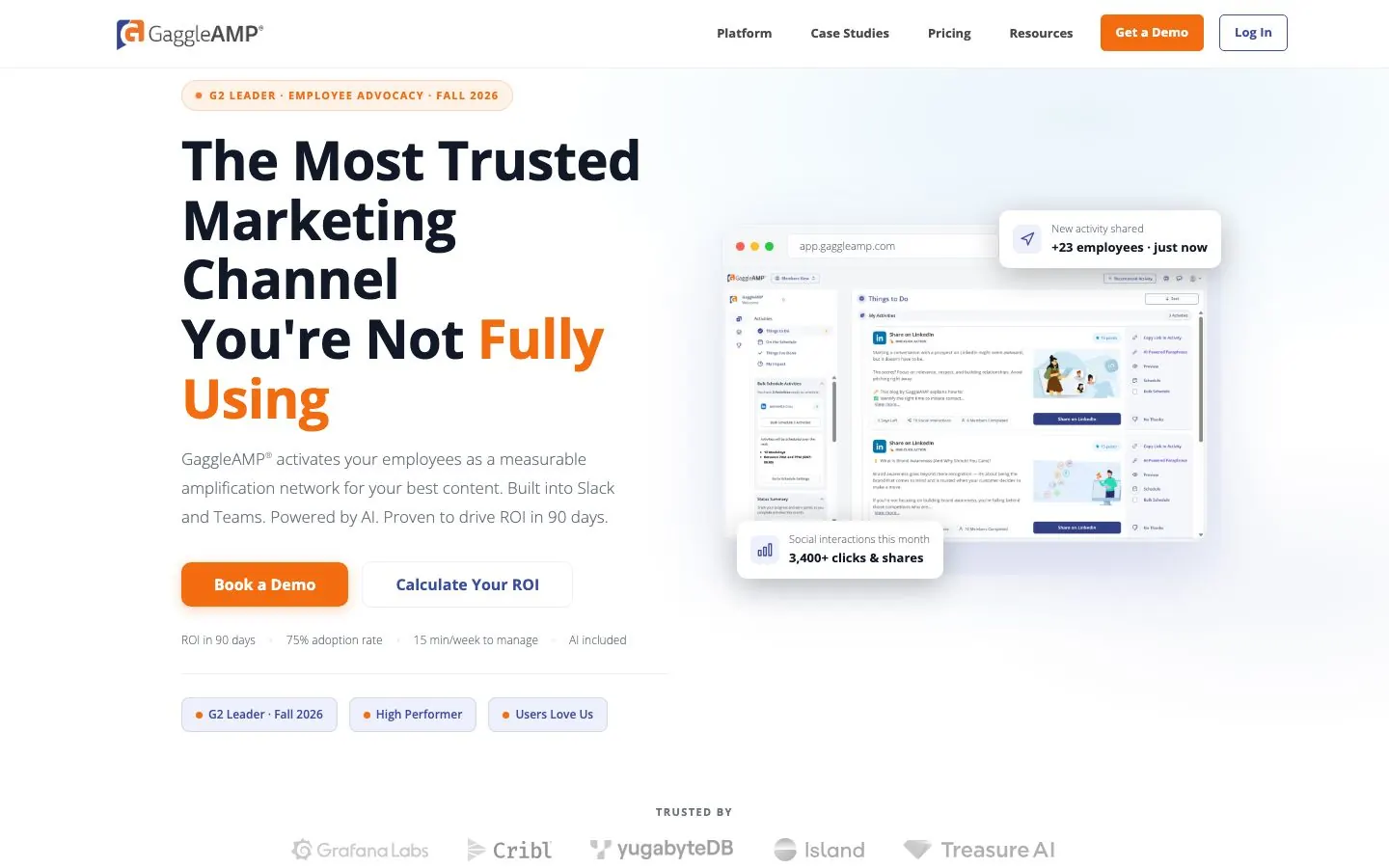 GaggleAMP's website homepage hero, presenting its advocacy software built around activities