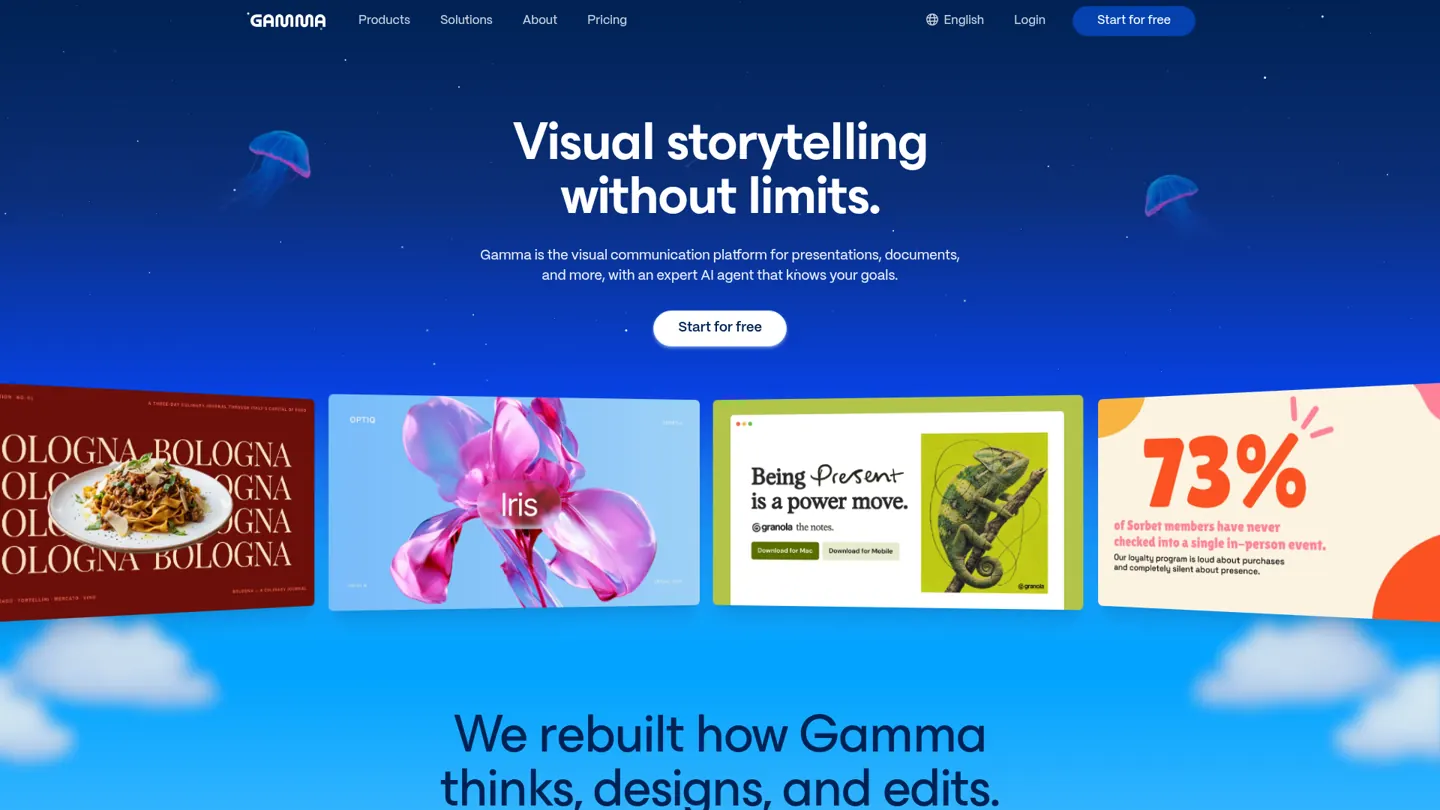 Gamma's website hero, the top of its homepage in October 2026