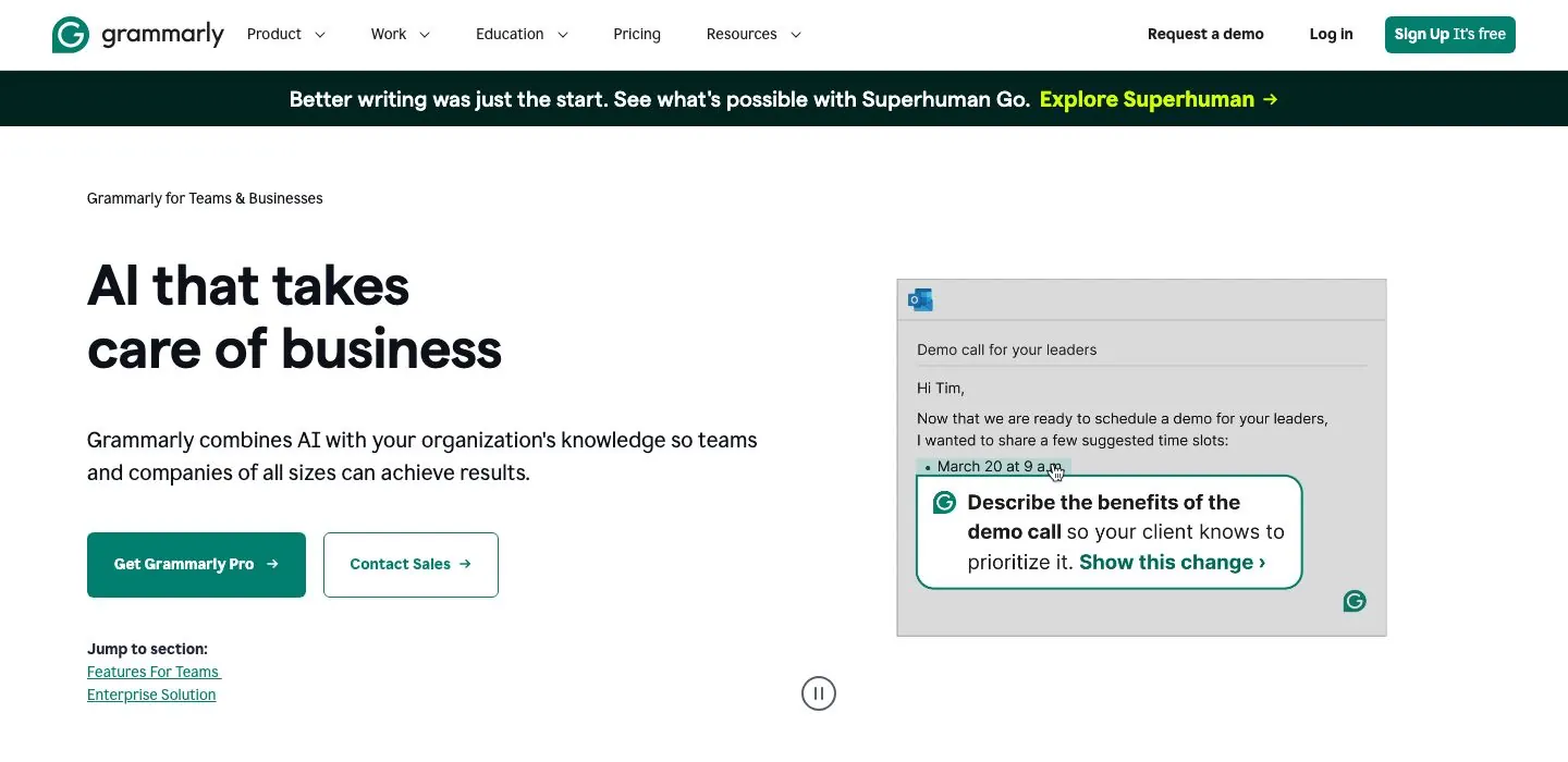 Grammarly's website hero for its writing assistant