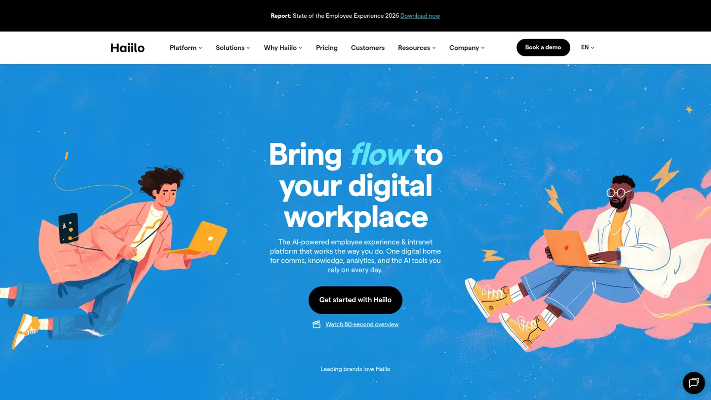 Haiilo's website homepage hero, presenting its employee experience platform for communications, knowledge and AI