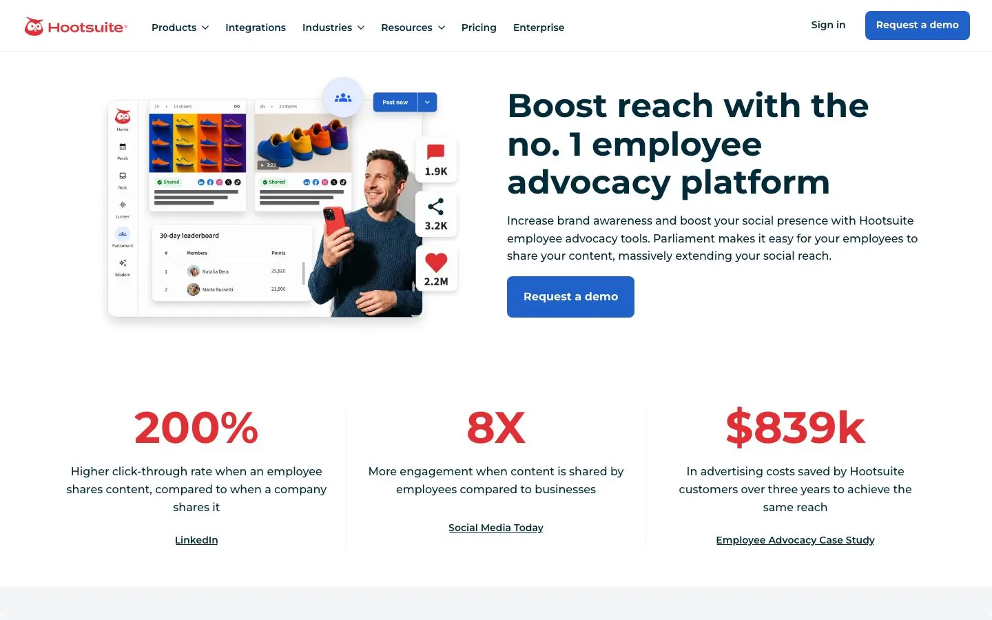 Hootsuite's website homepage hero for its employee advocacy product, Parliament
