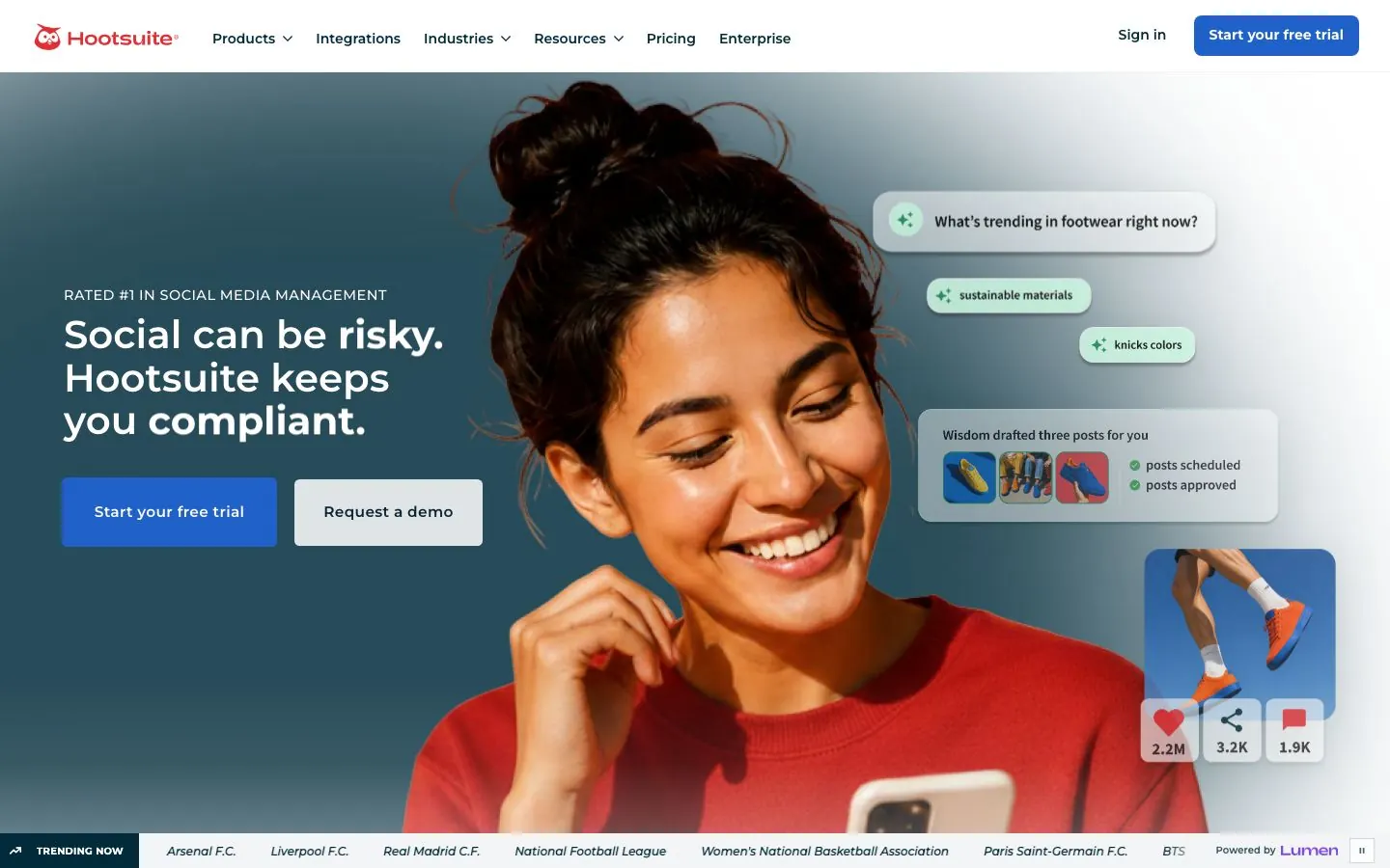 Hootsuite's website homepage hero, with its headline and call to action