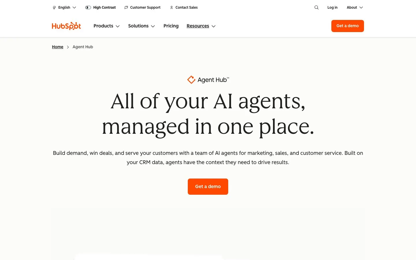 HubSpot's website hero for its AI agents, shown above its marketing platform