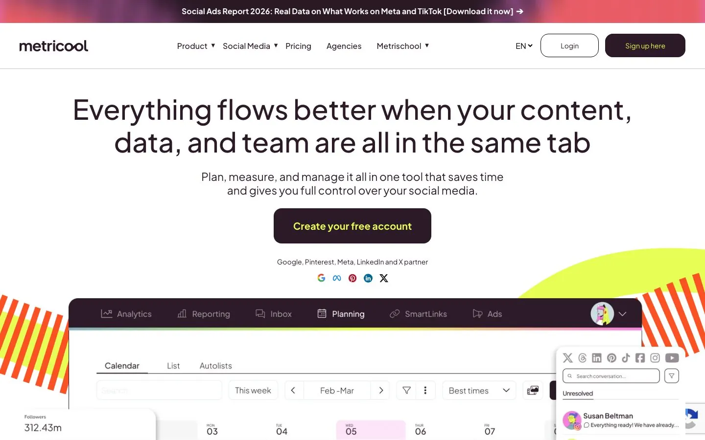 Metricool's website homepage hero, as it looked in October 2026