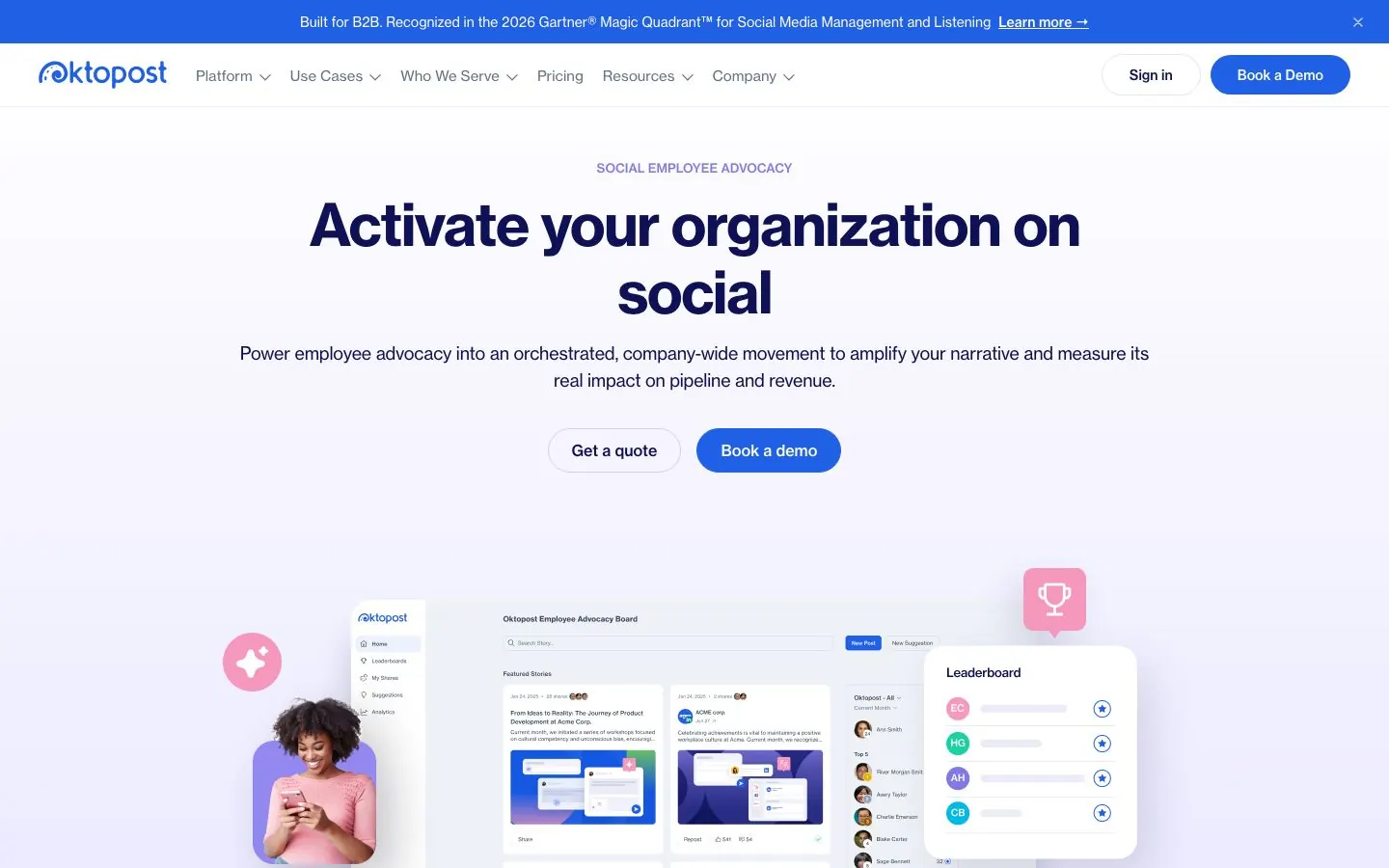 Oktopost's website homepage hero, positioning its social media management platform for B2B marketing teams