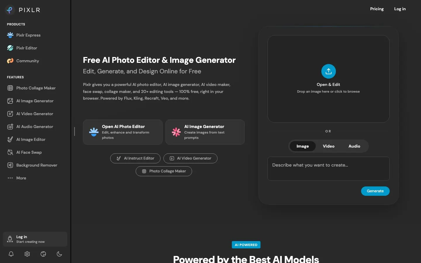 Pixlr's website hero, the homepage of its browser-based AI photo editor