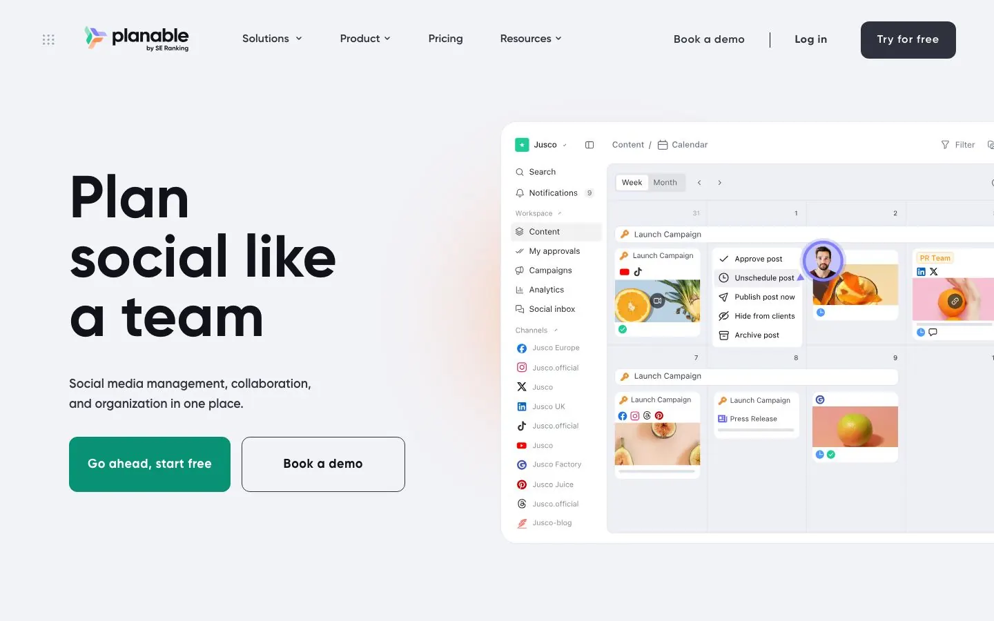 Planable's website homepage hero for its social content collaboration tool