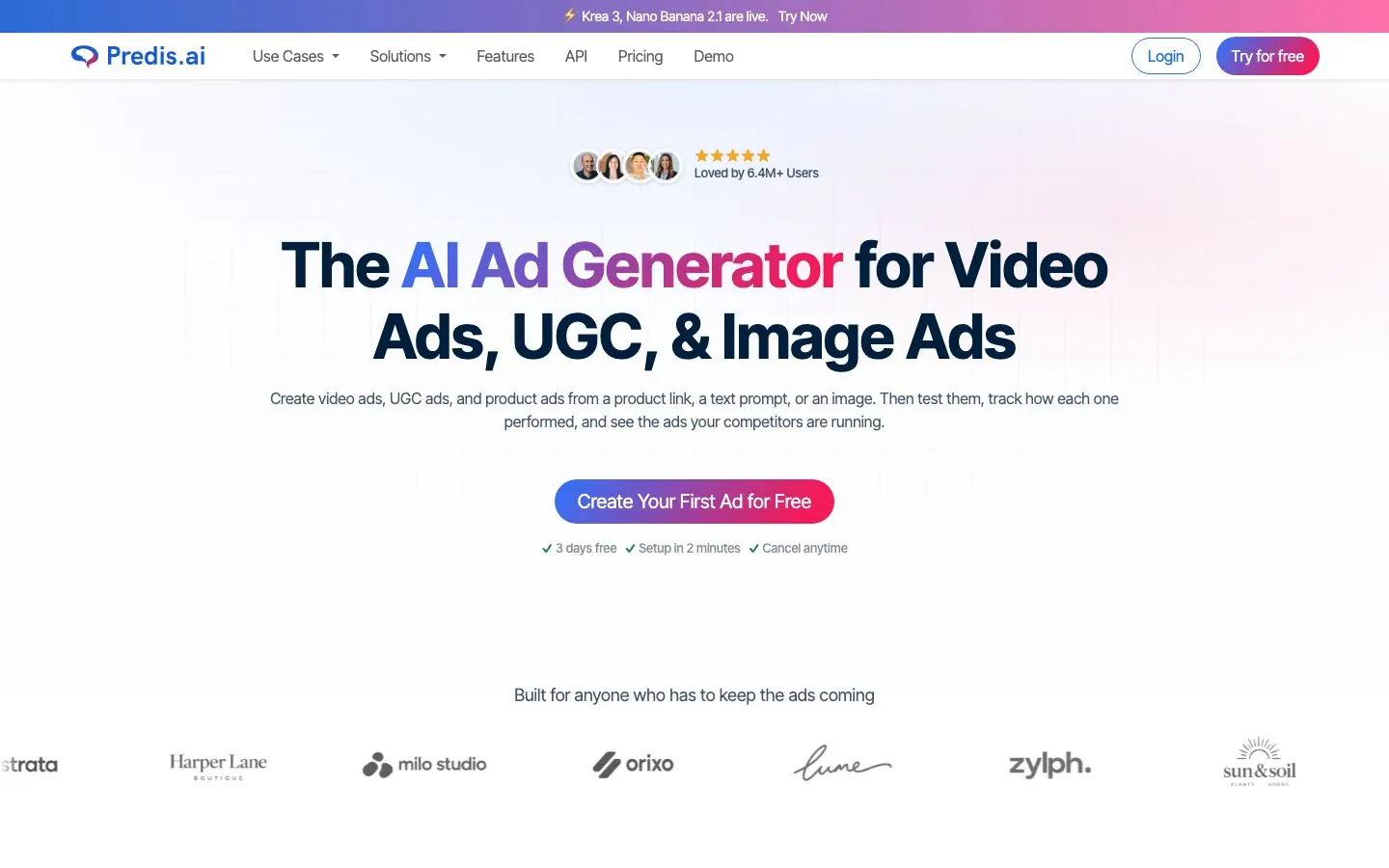 Predis.ai's website homepage hero, with a headline about an AI ad generator for video, UGC and image ads