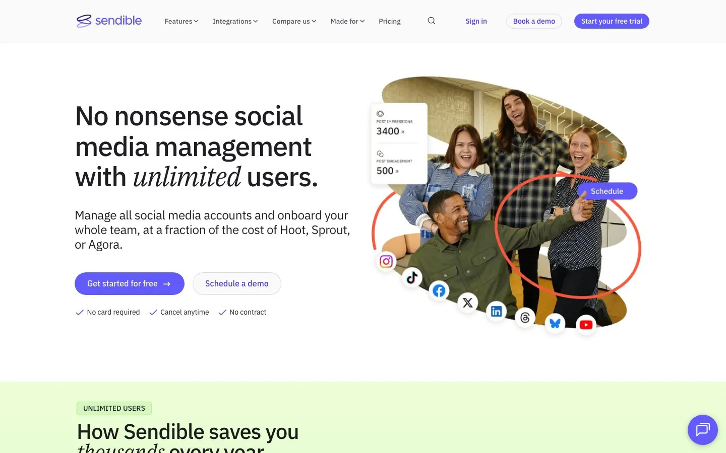 Sendible's website homepage hero, as it looked in October 2026