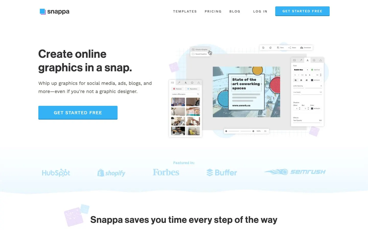 Snappa's website hero, the homepage of its quick graphics maker