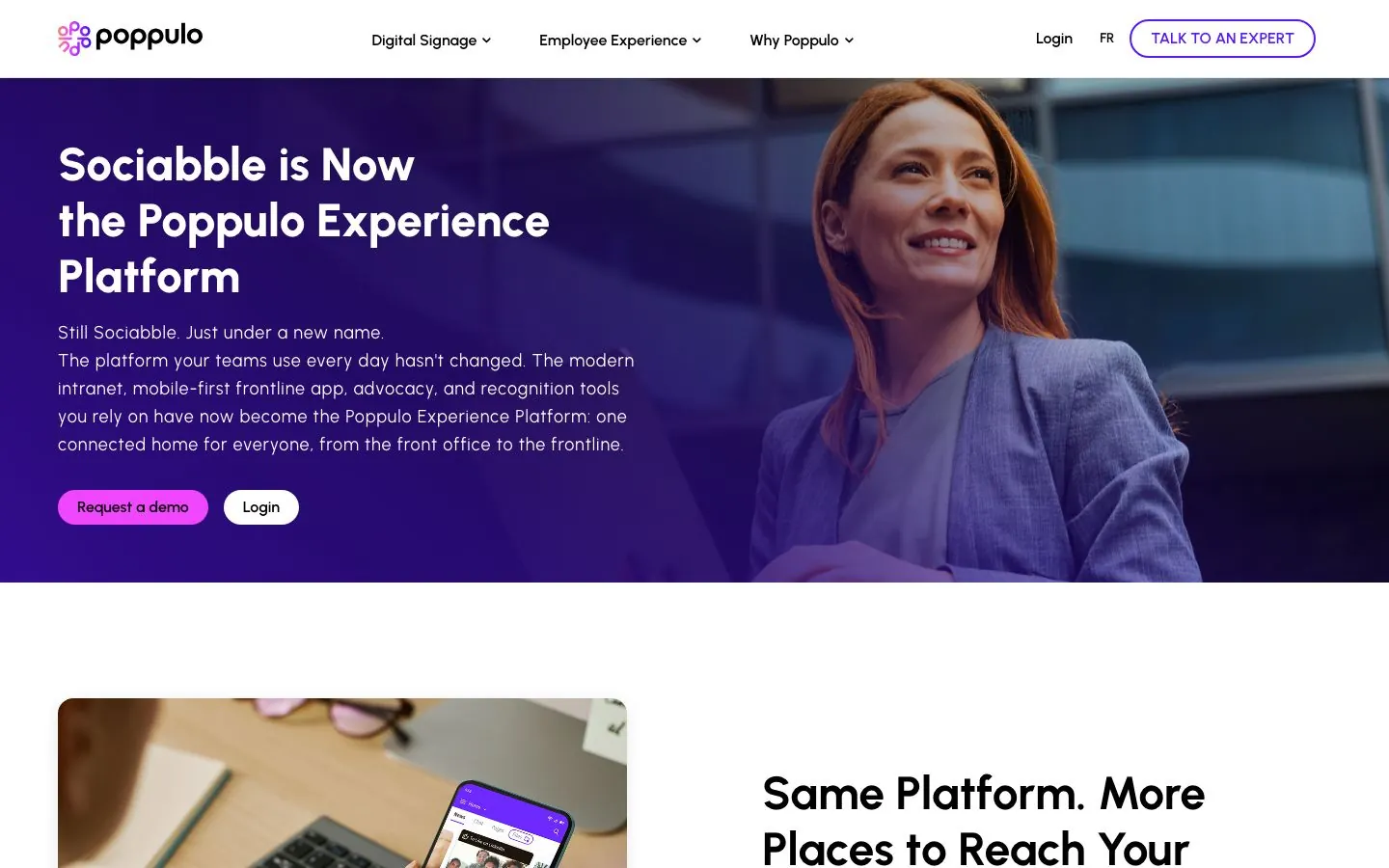 Sociabble's website homepage hero, announcing that it is now the Poppulo Experience Platform