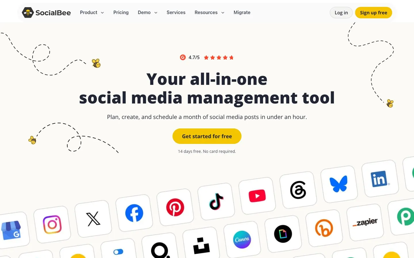 SocialBee's website homepage hero, with its headline and call to action