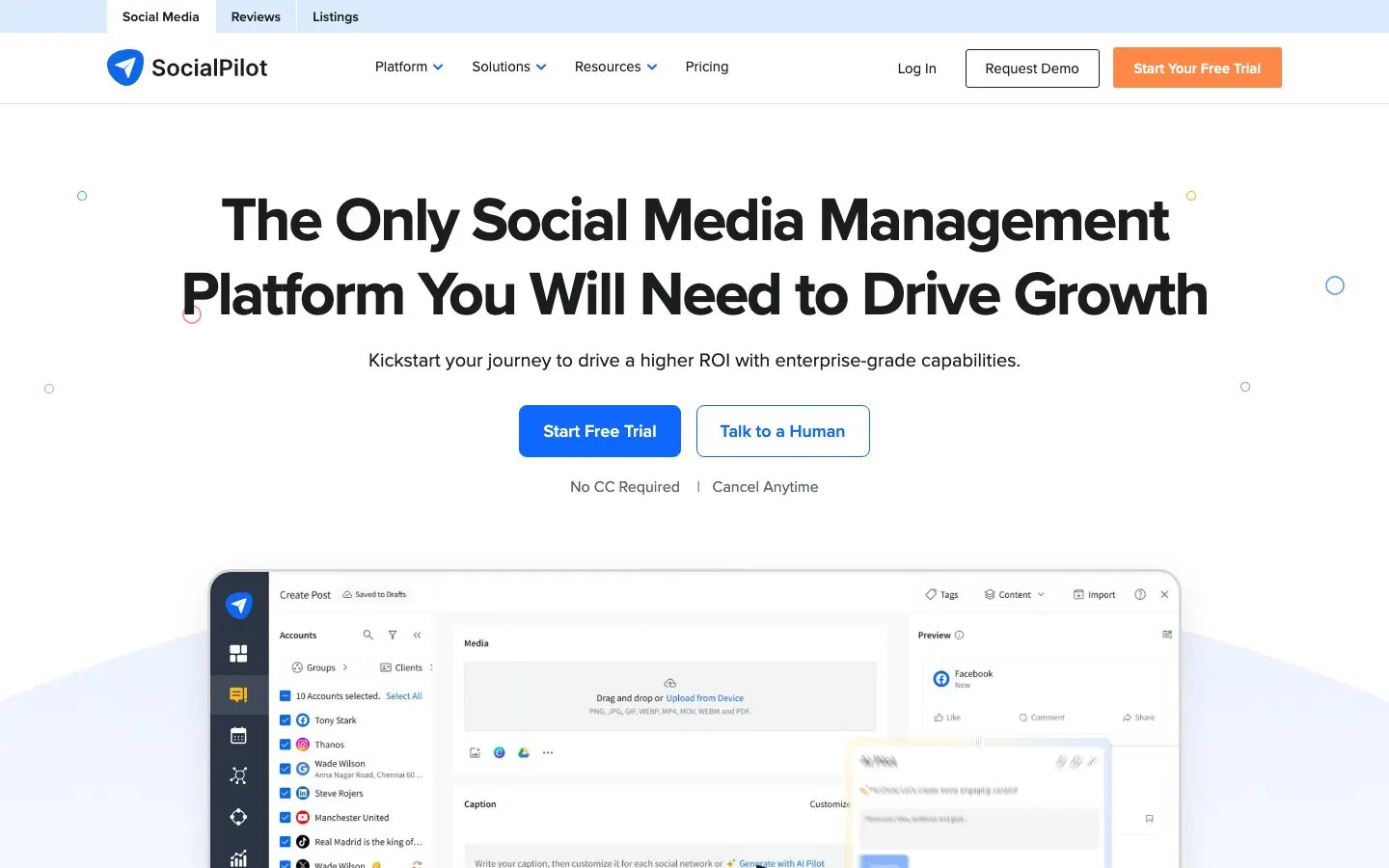 SocialPilot's website homepage hero, as it looked in October 2026