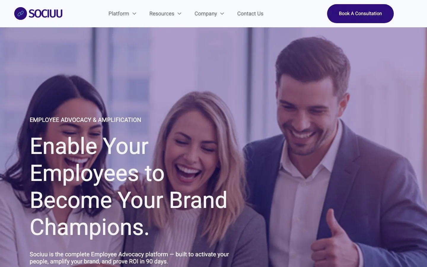 Sociuu's website homepage hero, presenting its enterprise employee advocacy and content amplification platform
