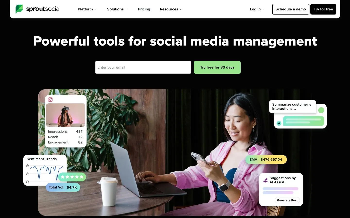 Sprout Social's website homepage hero, with its headline and call to action