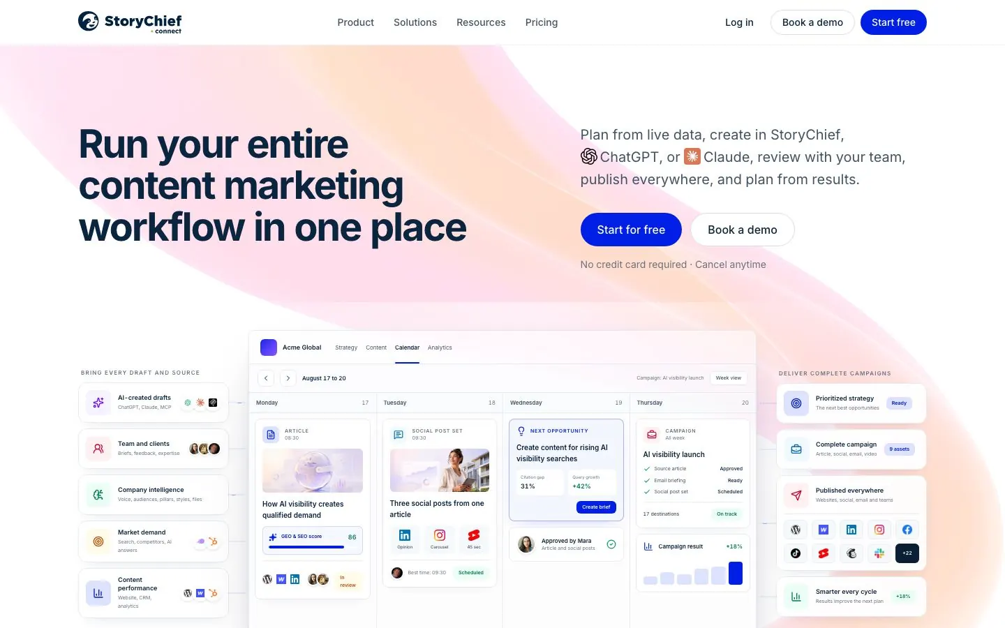StoryChief's website homepage hero, with a headline about running a whole content marketing workflow in one place