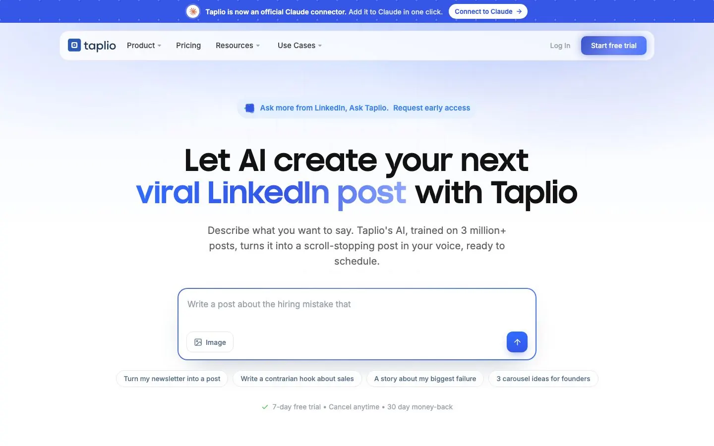 Taplio's website homepage hero, the first screen a new visitor sees