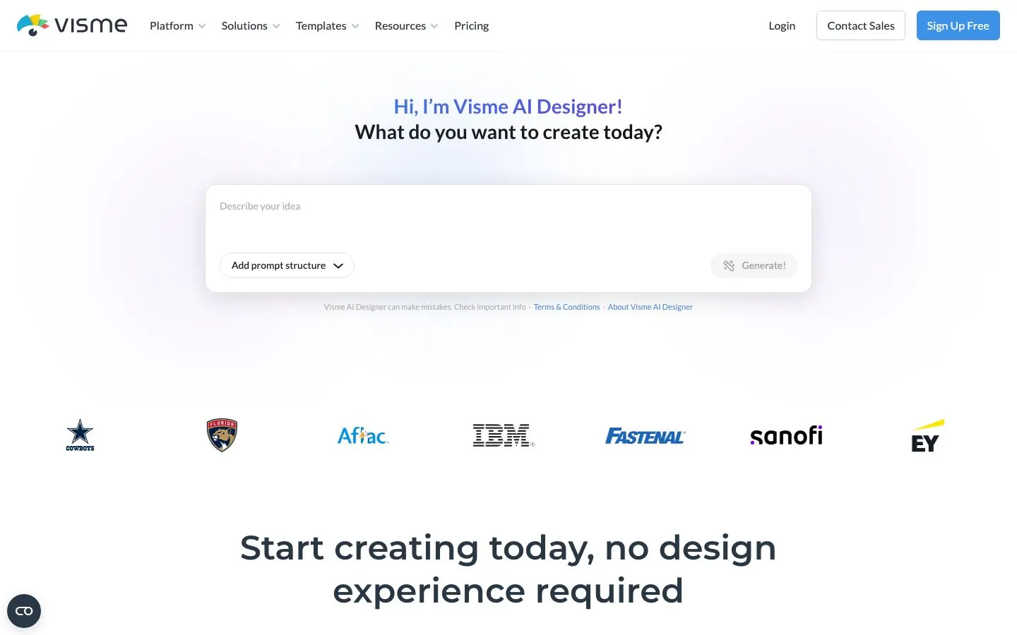 Visme's website hero, the homepage of its AI content system for teams