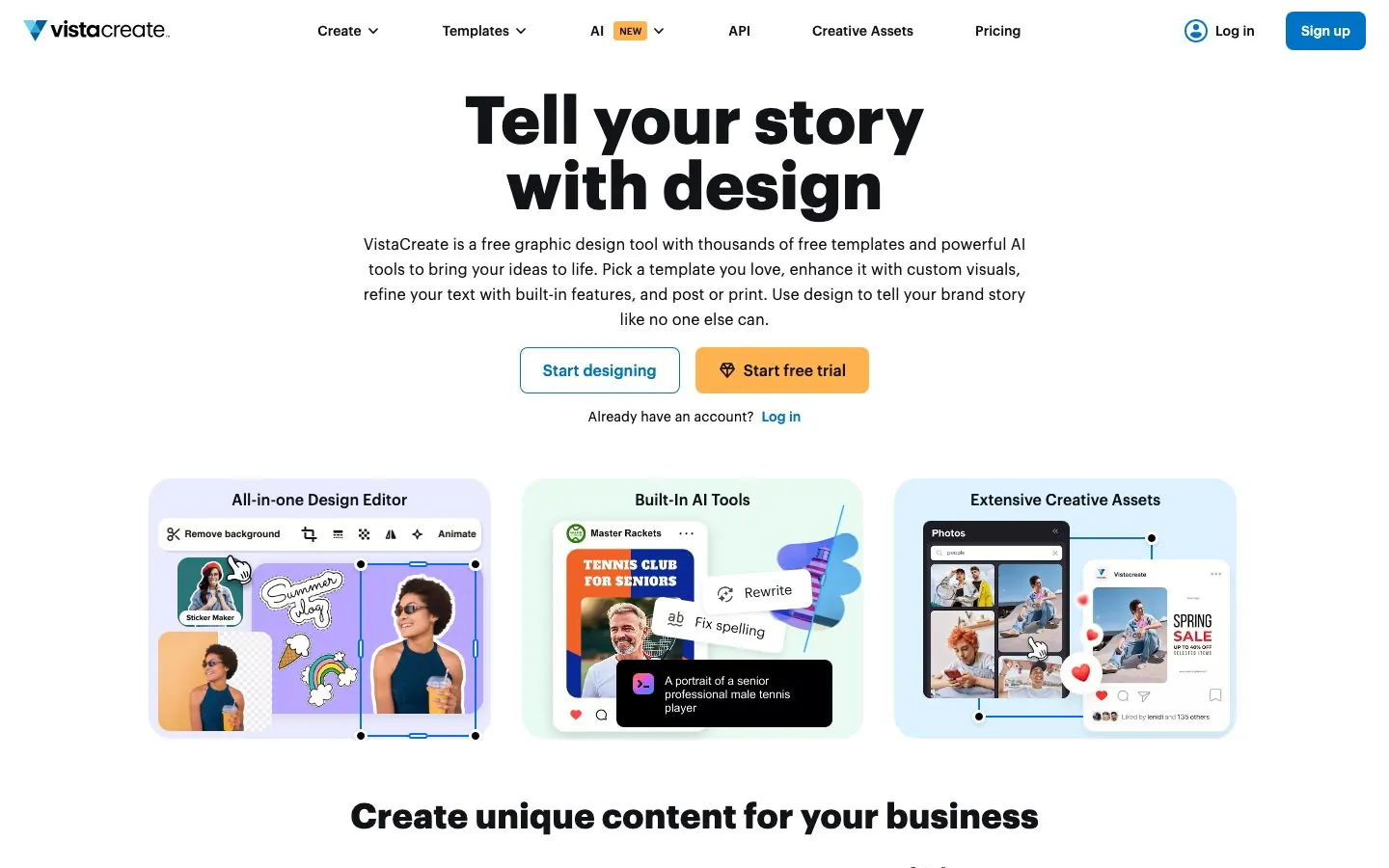 VistaCreate's website hero, the homepage of its free graphic design tool